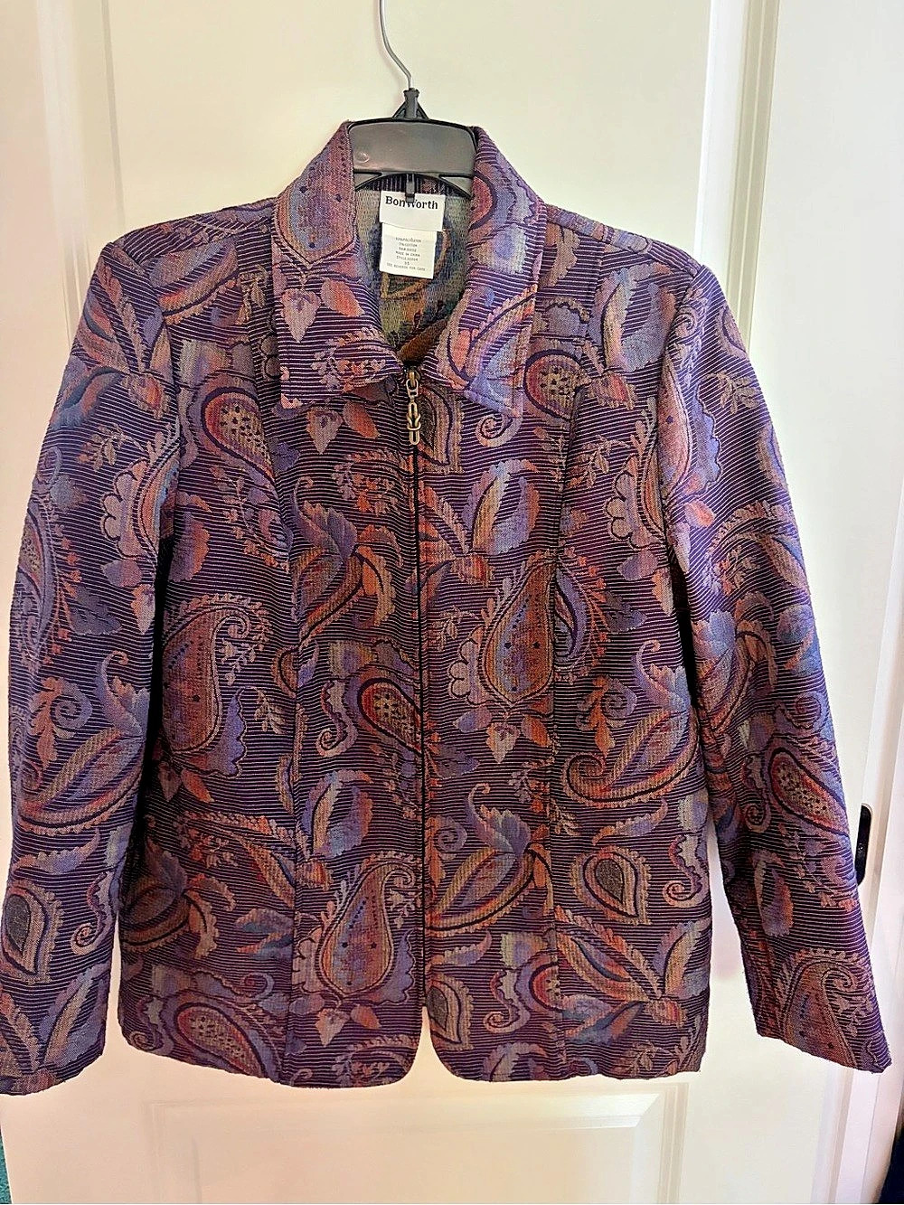 Vintage BonWorth XS Purple Paisley Tapestry Jacquard Zip Jacket 90s Boho